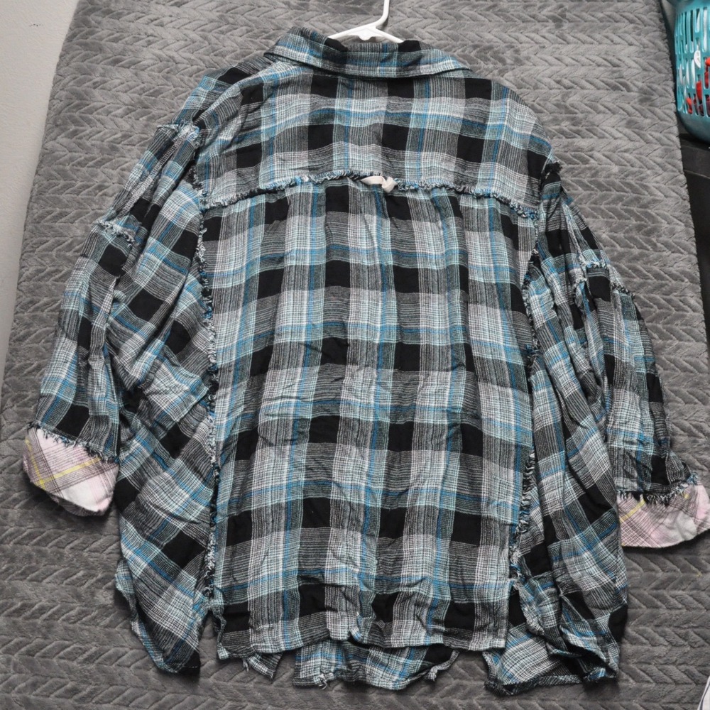 Free People Plaid Button Down Shirt LARGE Blue Distressed Deconstructed (1768) - Picture 5 of 6